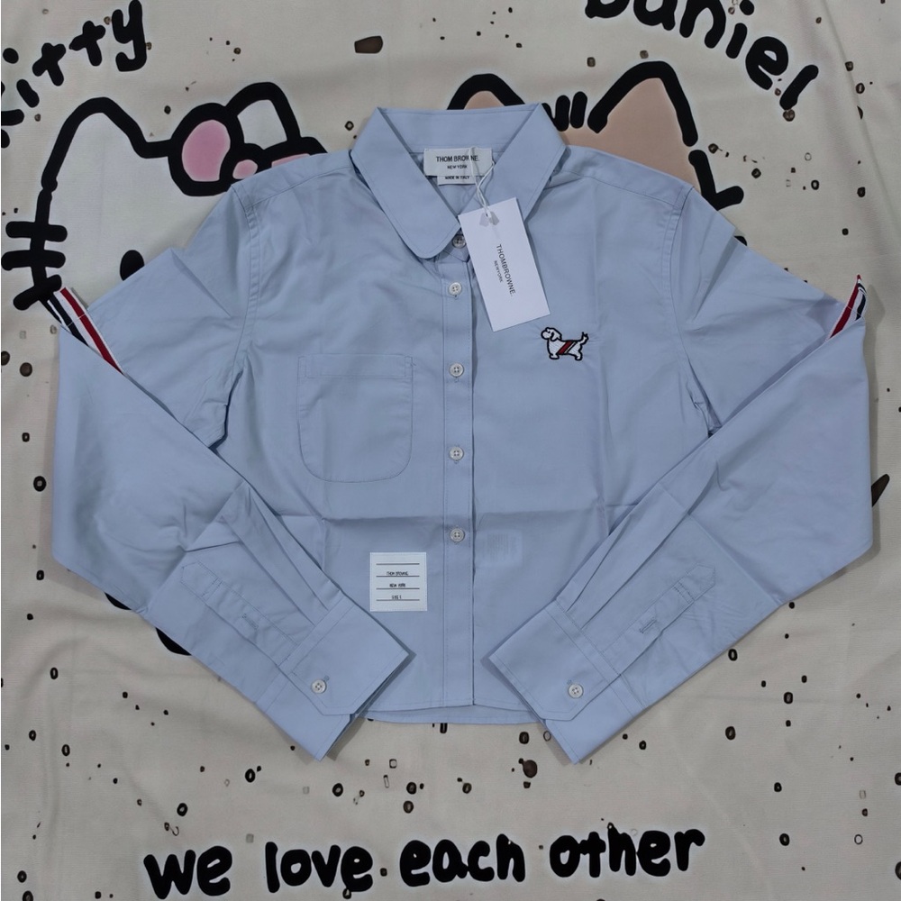 Thom Browne Light Blue Cropped Button-Up Shirt with Embroidered Dog